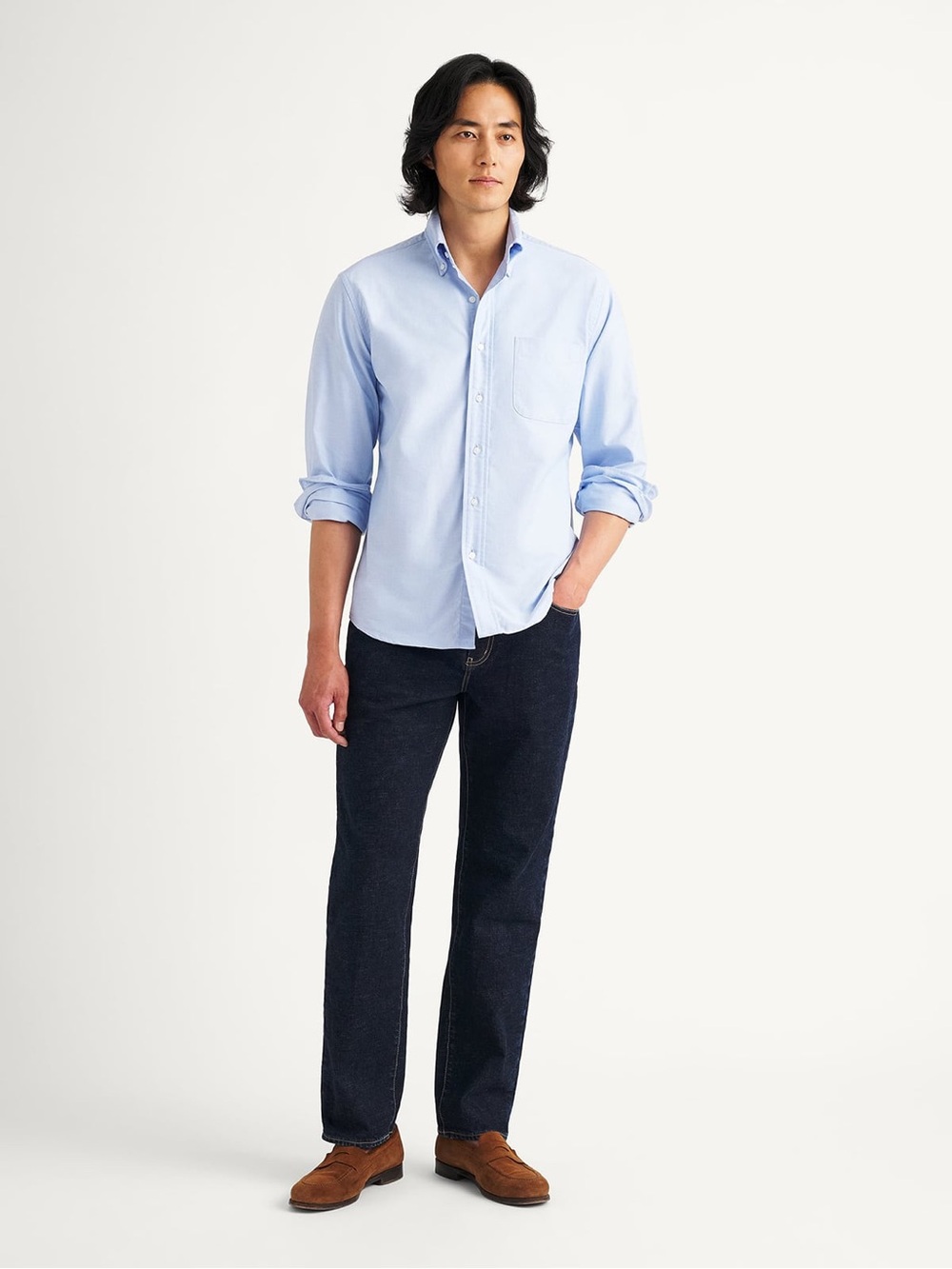SOLD Proper Cloth mens L Large light blue solid cotton oxford button down